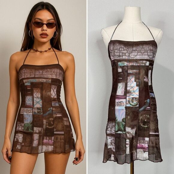 VRG GRL It Girl Mesh Mini Dress Sz 8 Chocolate Y2K Clubwear - Picture 1 of 11
